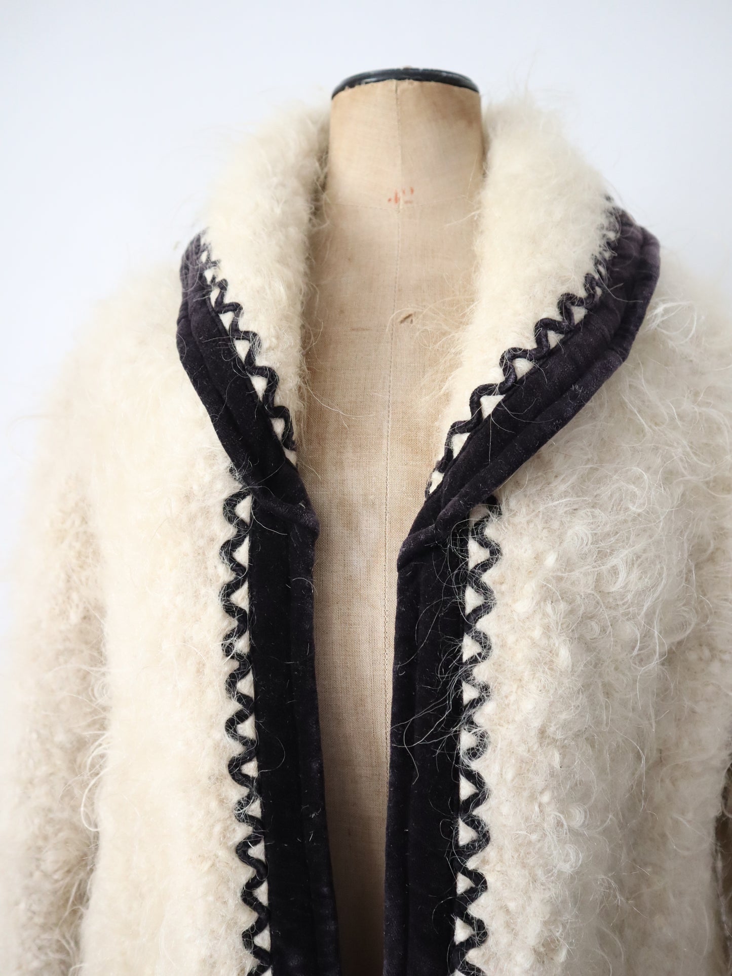 1940s Transylvanian Cream Curly Sheep’s Wool Folk Coat Jacket Velvet Trim Traditional Clothing