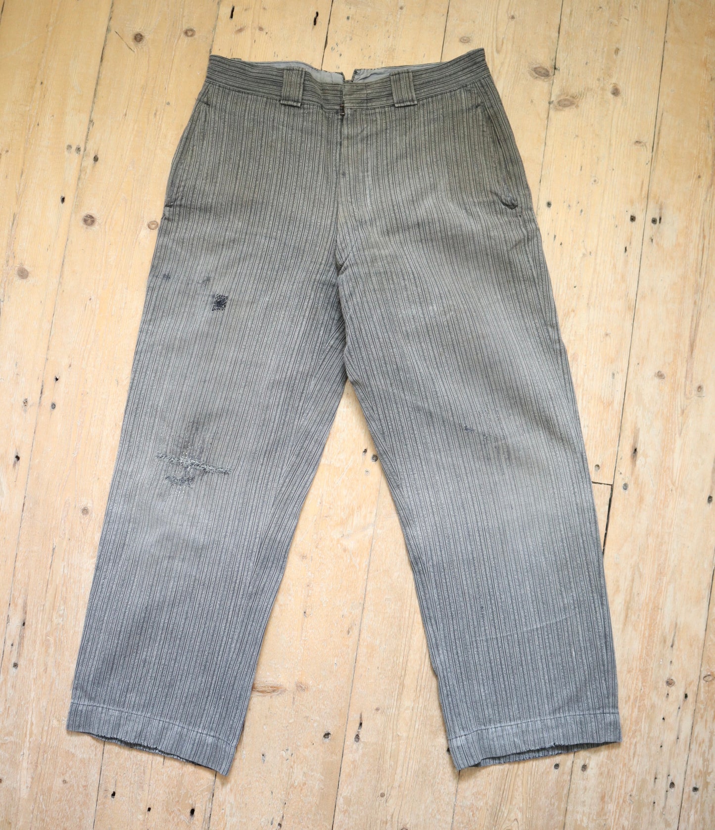 1940s French Workwear Trousers Grey Stripe Salt Pepper Cotton Chore Pants Repairs Darned