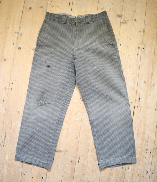 1940s French Workwear Trousers Grey Stripe Salt Pepper Cotton Chore Pants Repairs Darned