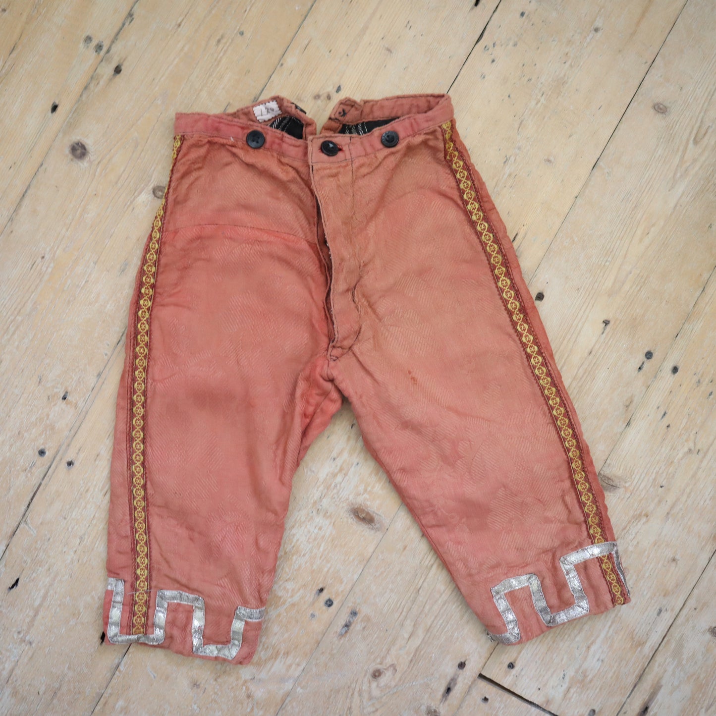 Antique French Child’s Theatre Costume 18th Century Breeches Pants Silver Metal Ribbon Trim Brick