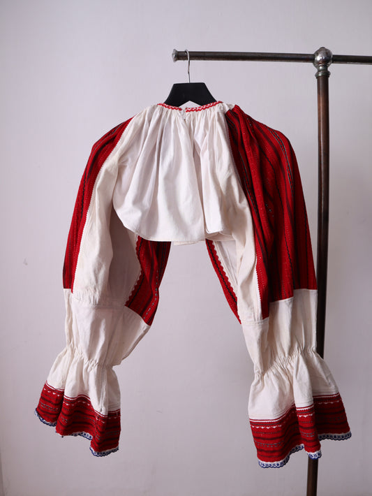 1940s Hungarian Croatian Folk Blouse Cropped Big Sleeves Red Woven Panels RARE