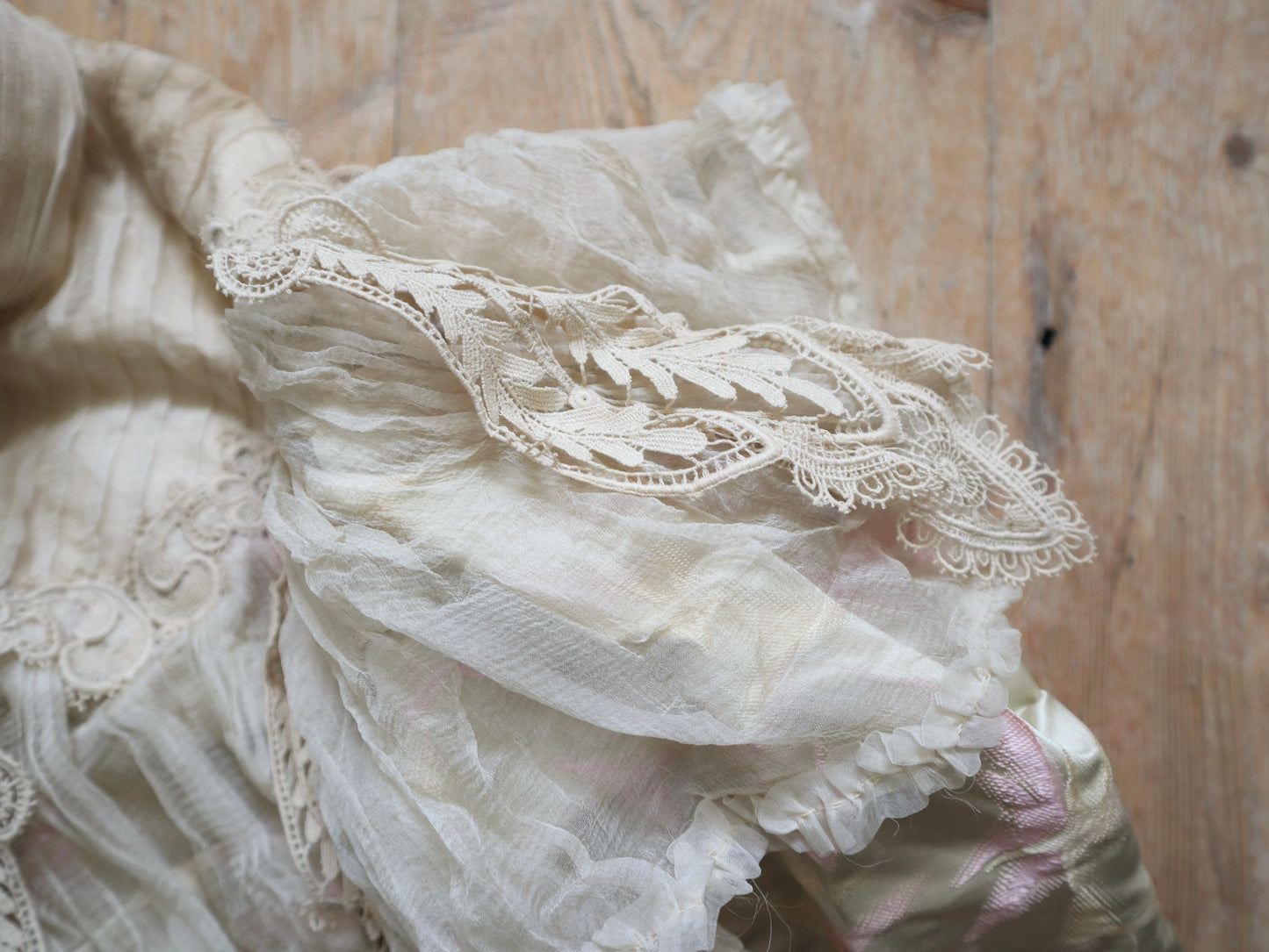 Antique French Silk Bodice Pink Cream Silk Lace Chiffon 1900 Boned