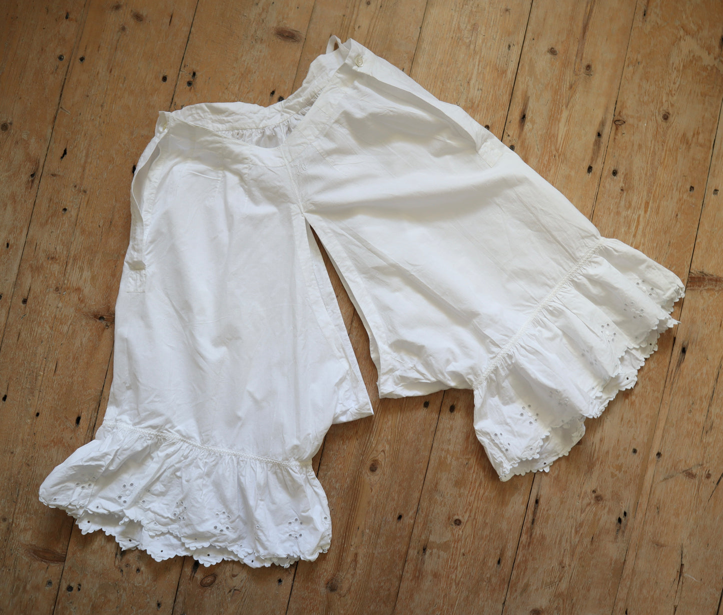 Antique French White Cotton Bloomers Knickers Embroidery Cutwork JG Monogram Early 1900s