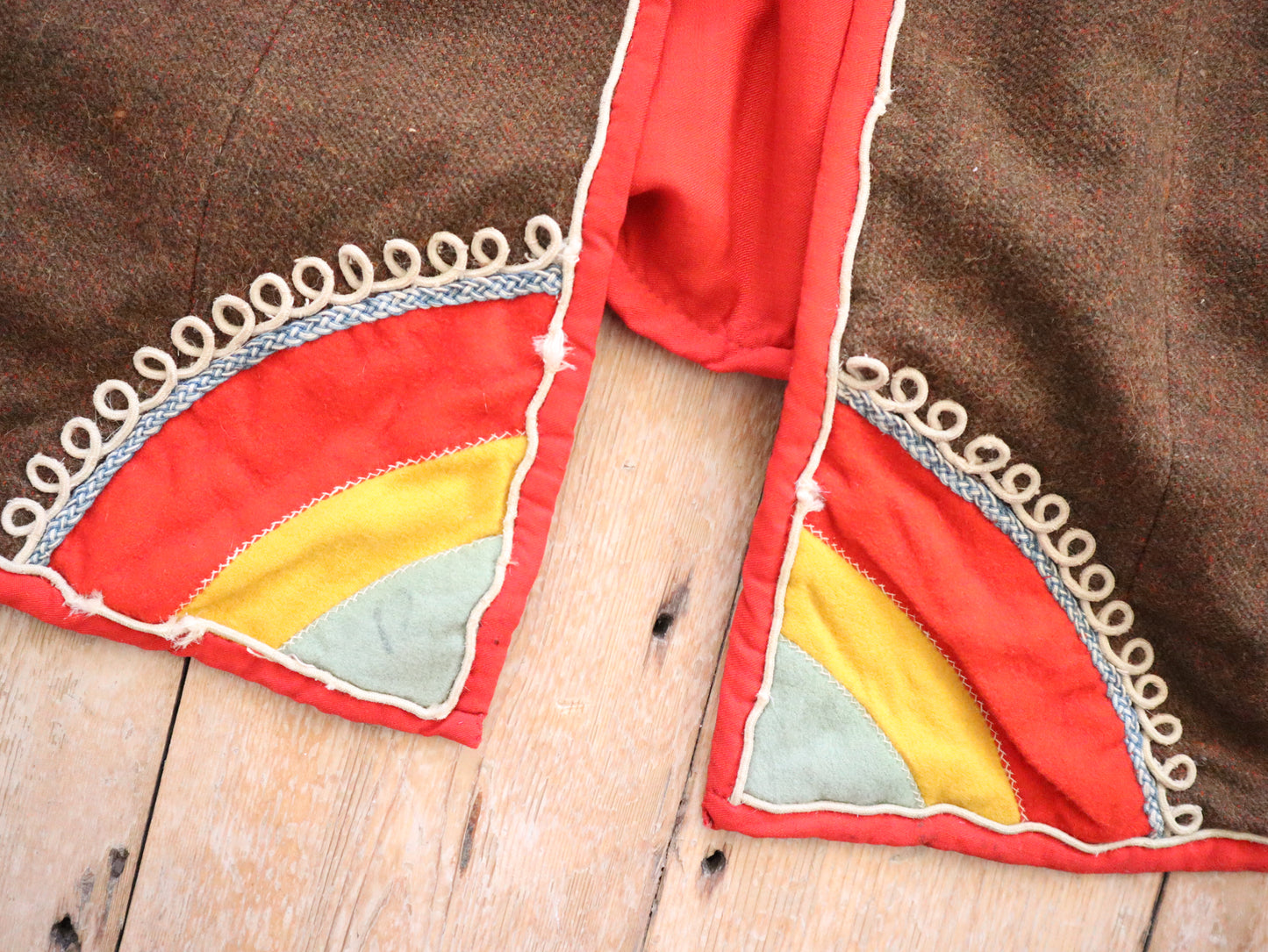 1920s 30s Hooded Coat FrenchTheatre Costume Brown Wool Appliqué Colourful Panels