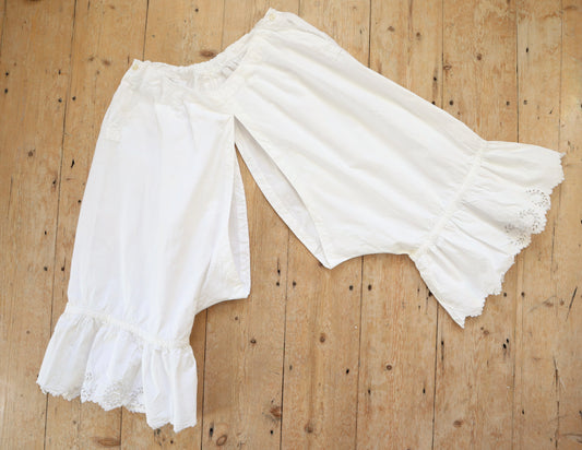 Antique French White Cotton Bloomers Knickers Embroidery Cutwork JG Monogram Early 1900s