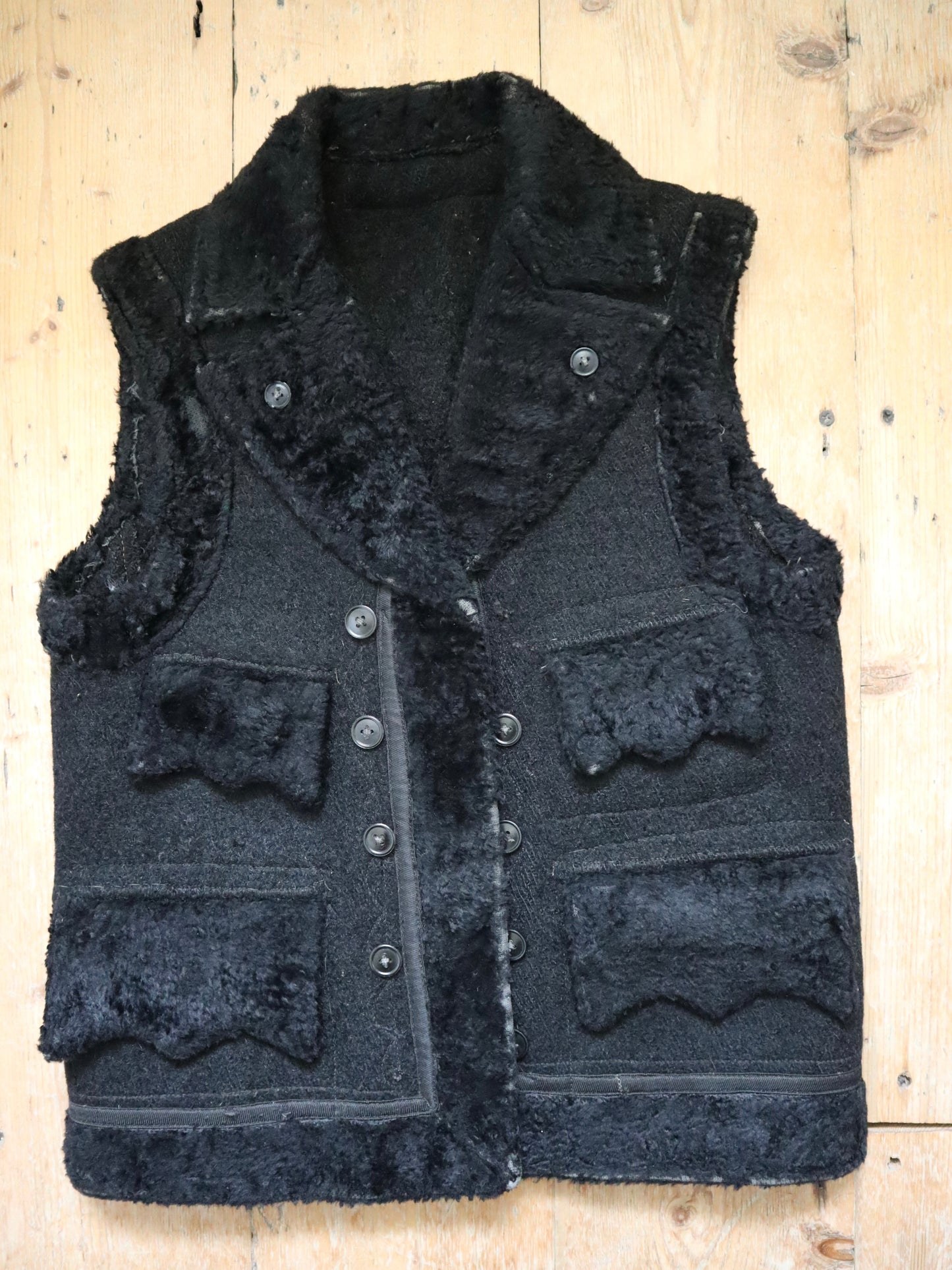 1940s Transylvanian Black Wool Folk Vest Velvet Trim Open Style Traditional Folk Romanian Hungarian