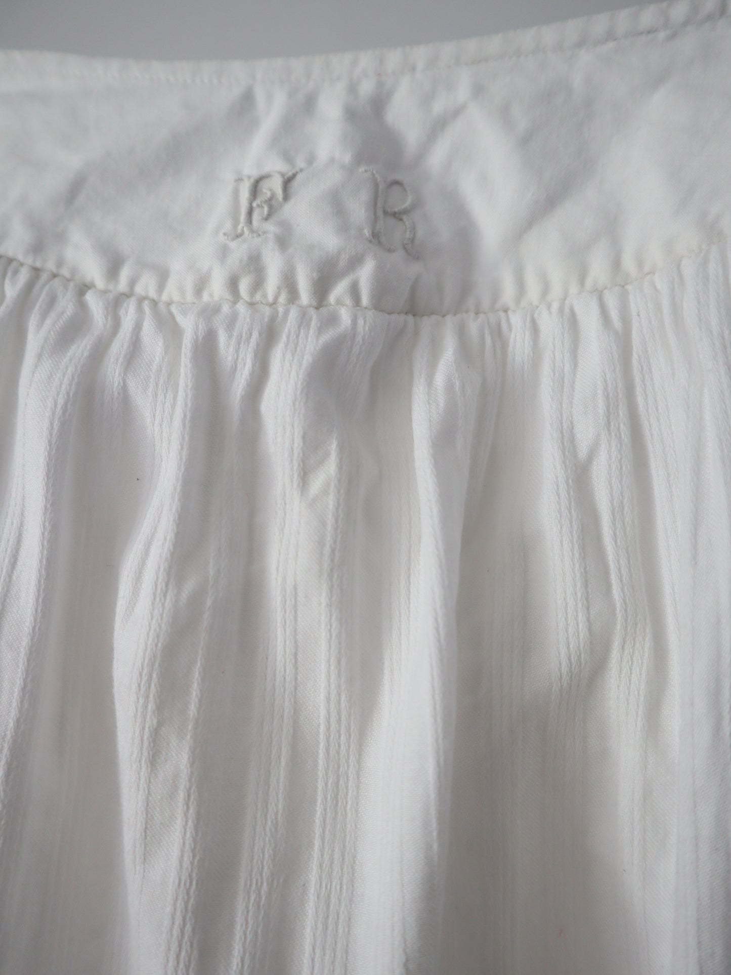 Antique French White Striped Cotton Skirt Petticoat Hem Drawstring Waist Crochet Lace Trim