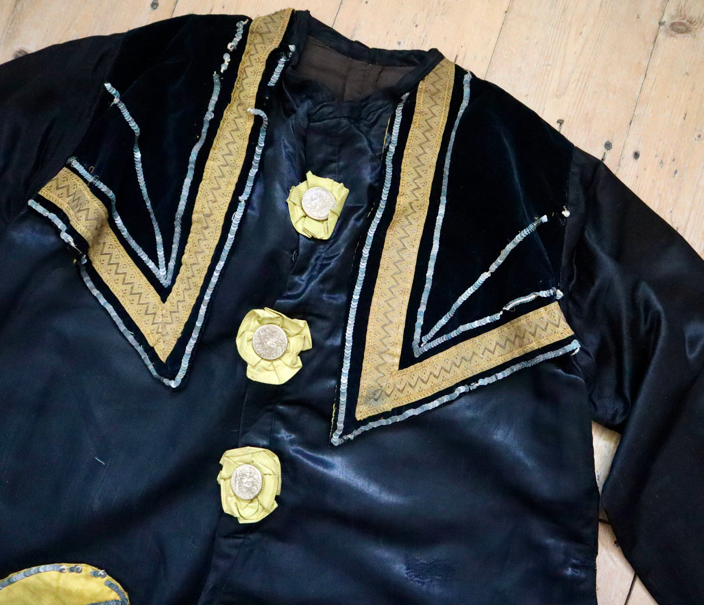 Antique 1910s 20s French Clown Costume Pierrot Silk Gold Metal Ribbon Trim Sequins Moon Lace