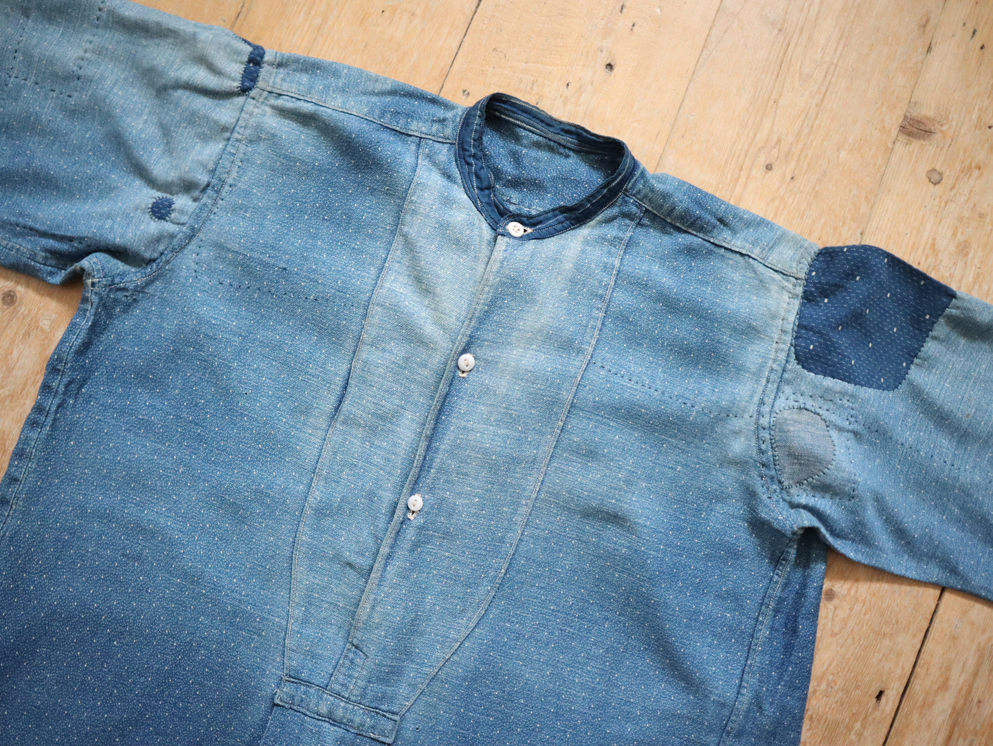 1920s French Blue Indigo Constellation Shirt Patched Repaired RARE Cotton Early Workwear Chore