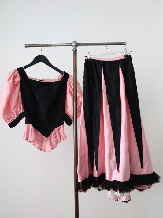 1920s 30s  French Costume Pink Black Bodice Skirt Theatre Cotton