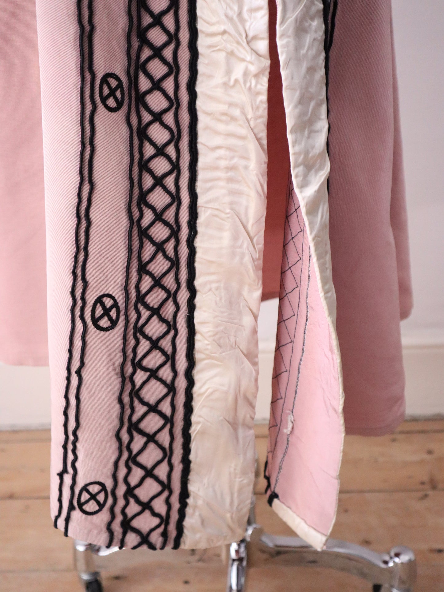 1930s -40s French Opera Tunic Dress by Henri Lebrun – Pink Grosgrain with Black Soutache Trim – Vintage Theatrical Costume