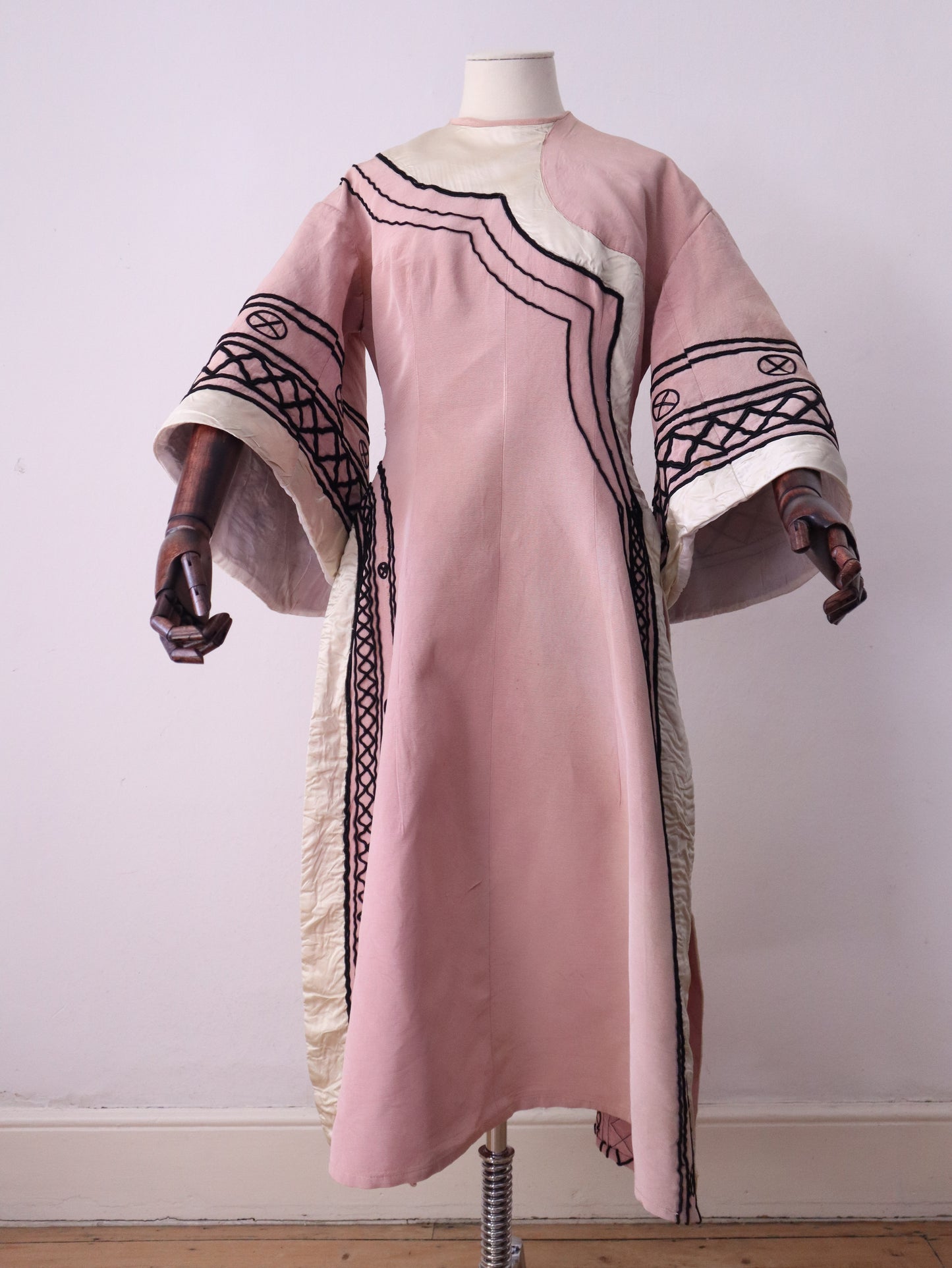 1930s -40s French Opera Tunic Dress by Henri Lebrun – Pink Grosgrain with Black Soutache Trim – Vintage Theatrical Costume