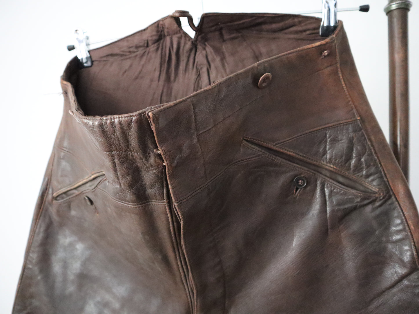 1920s - 30s French Brown Leather Breeches Pilot Trousers Pants High Waist Button Calves