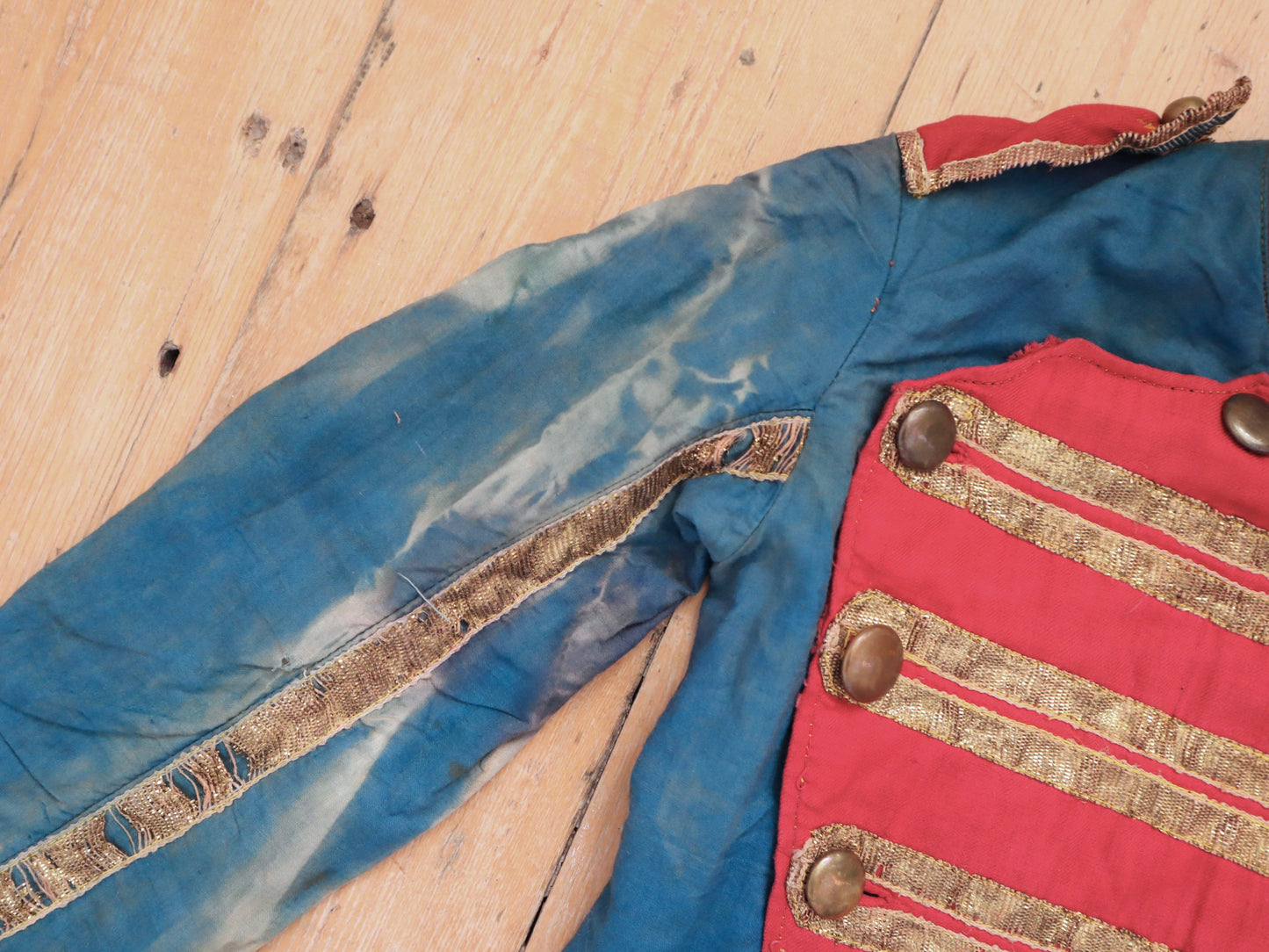 Antique French Theatre Costume 19th Century Military Style Indigo Blue Red Sun Fade Gold Ribbon Trim