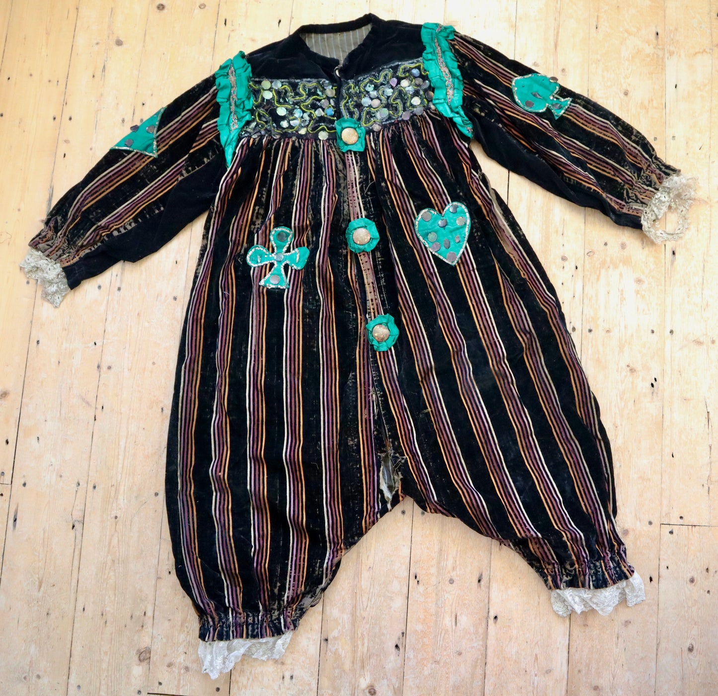 Antique 1910s 20s French Clown Costume Pierrot Brown Striped Silk Velvet Green Silk Appliqué Diamonds Clubs Hearts Spades Sequins Lace