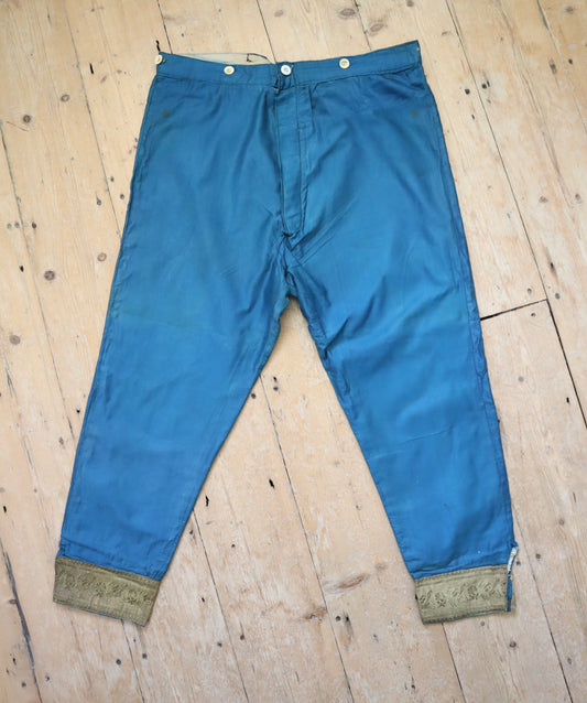 Antique early 1900s French Theatre Costume Trousers Pants Teal Blue Silk Cotton Gold Metal Ribbon Trim