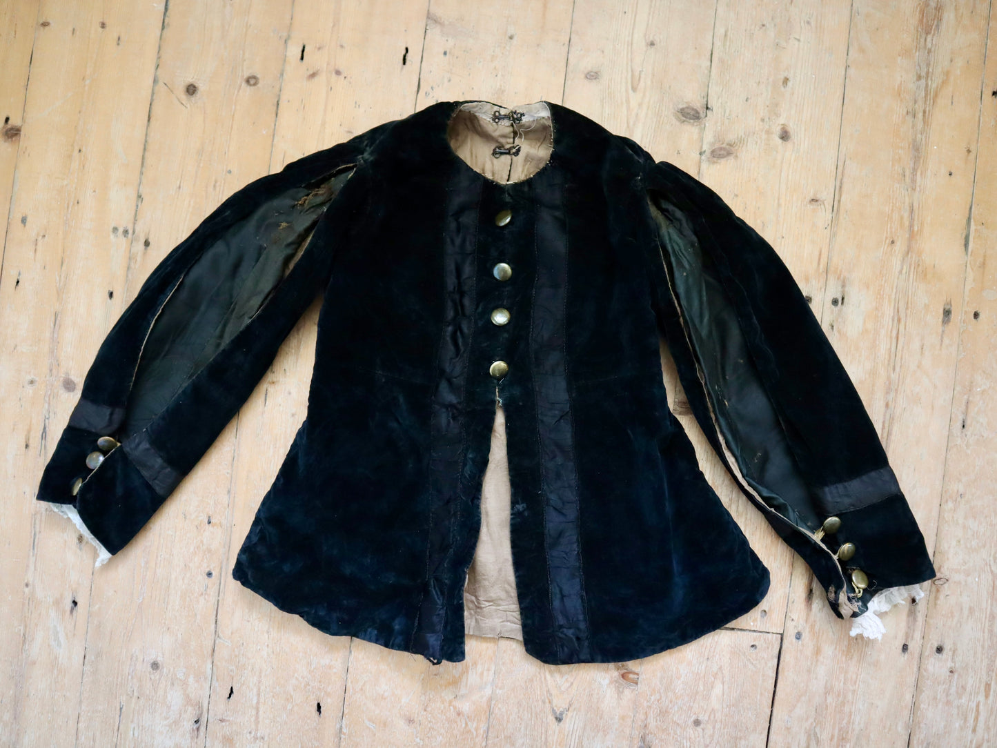 Antique French Theatre Costume Jacket Tunic Child’s Renaissance Style 19th Century Black Silk Velvet