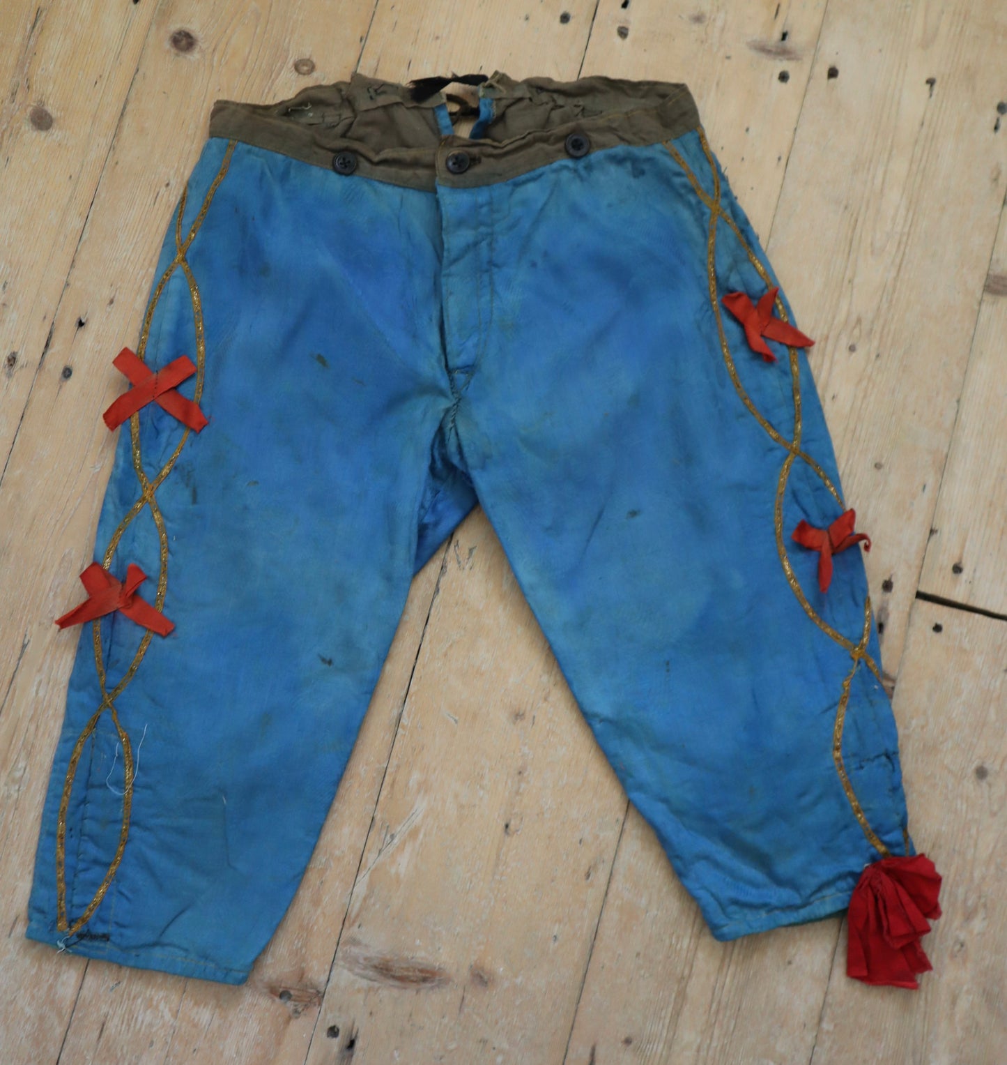 Antique French 19th Century Woven Cotton Blue Renaissance Style Breeches Trousers Pants Red Bows Gold Metal Ribbon Lace Trim Theatre Opera Costume Child’s