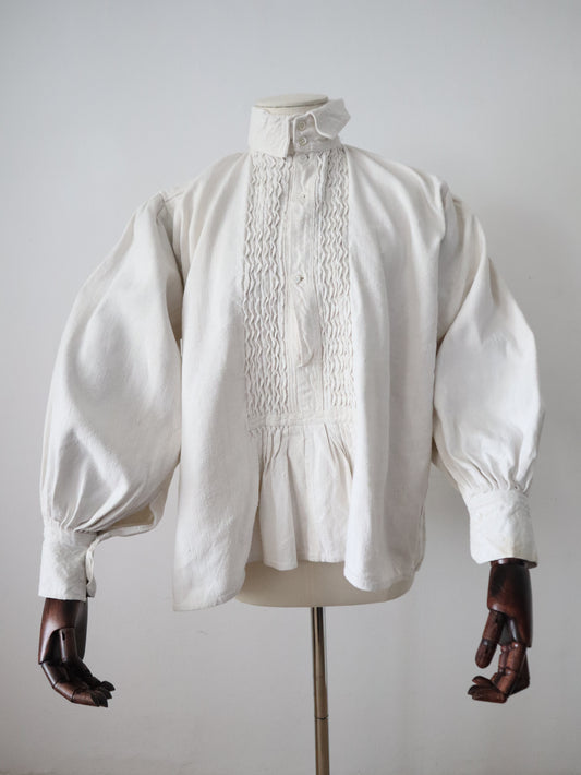 1940s Transylvanian homespun linen folk blouse mother of pearl buttons pleated front traditional menswear