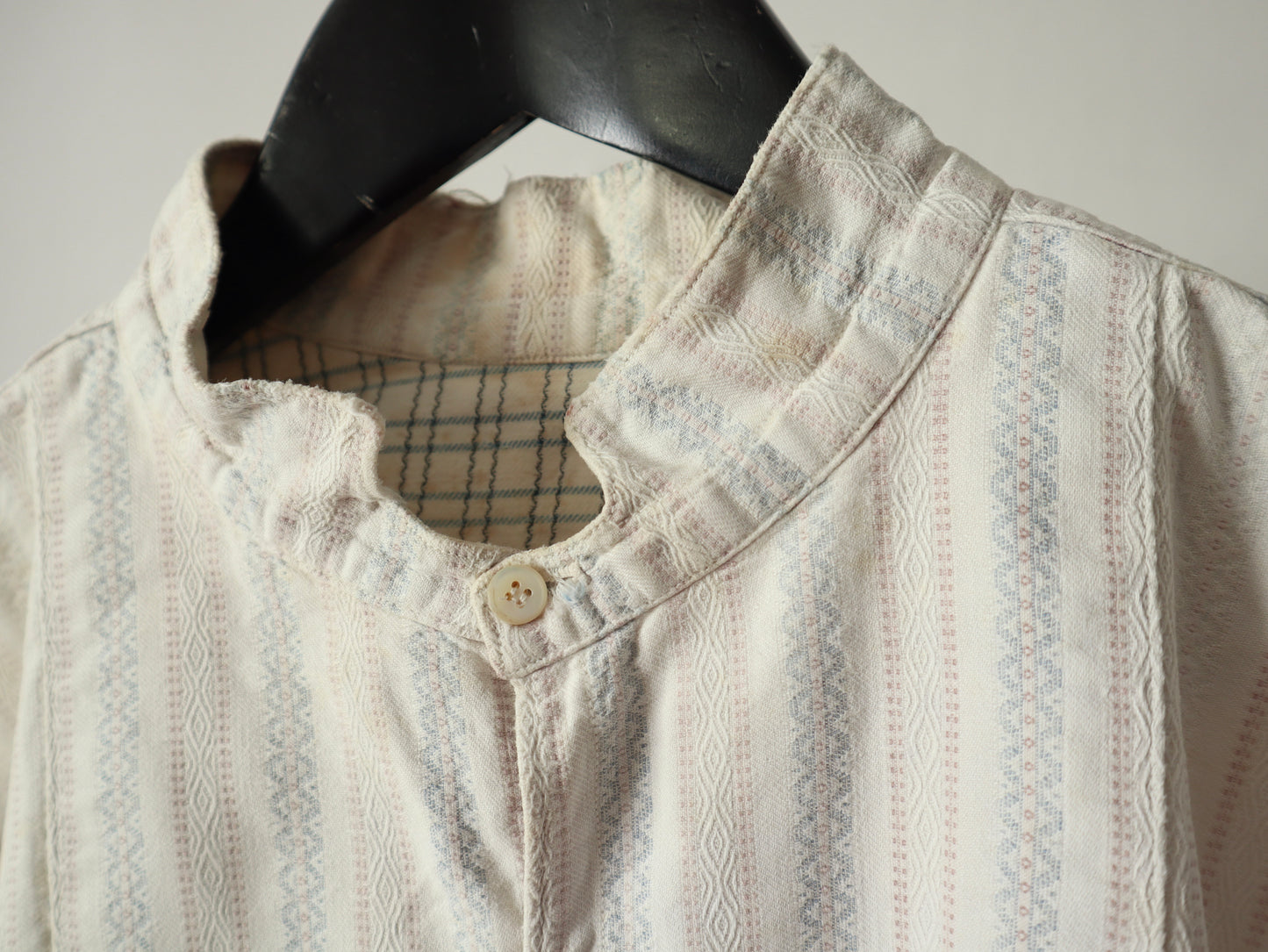 1930s French Cotton Shirt Woven Pattern Blue Pink White Rare