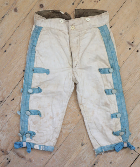 Antique French Theatre Costume Trousers Breeches Pants 18th Century Style White Blue Cotton Silk Opera