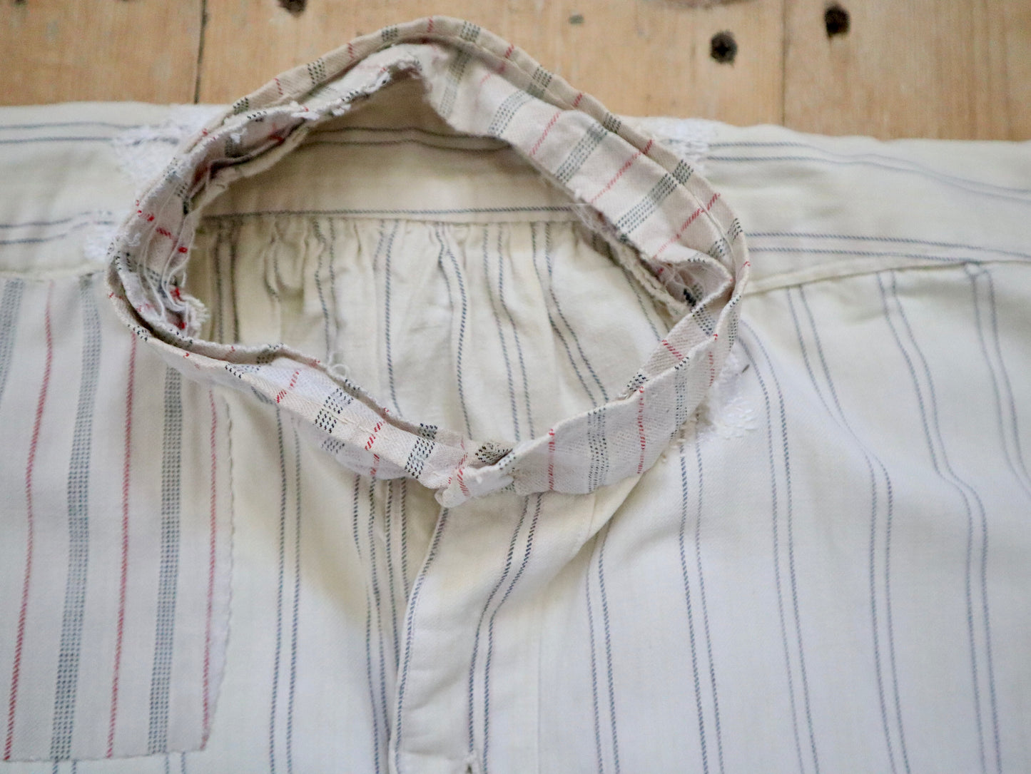 1930s French Workwear Shirt Patched Repaired Stripes Striped