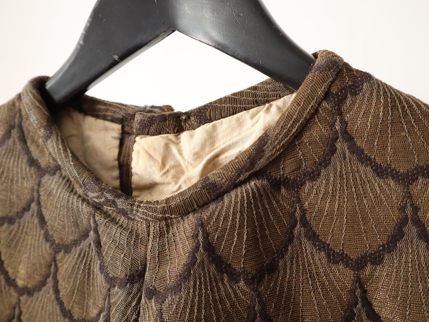 Early 1900s French Theatre Opera Costume Tunic Top Brown gold Metal Thread Scalloped Feathers Scales