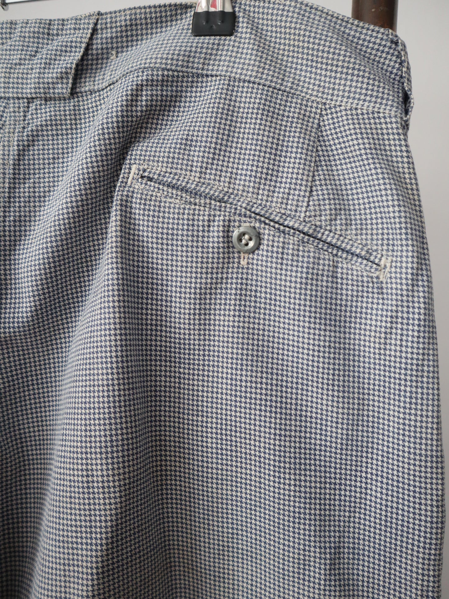 1940s French Workwear Trousers  Pâtissier Blue White Dogtooth Cotton Zinc Metal Buttons