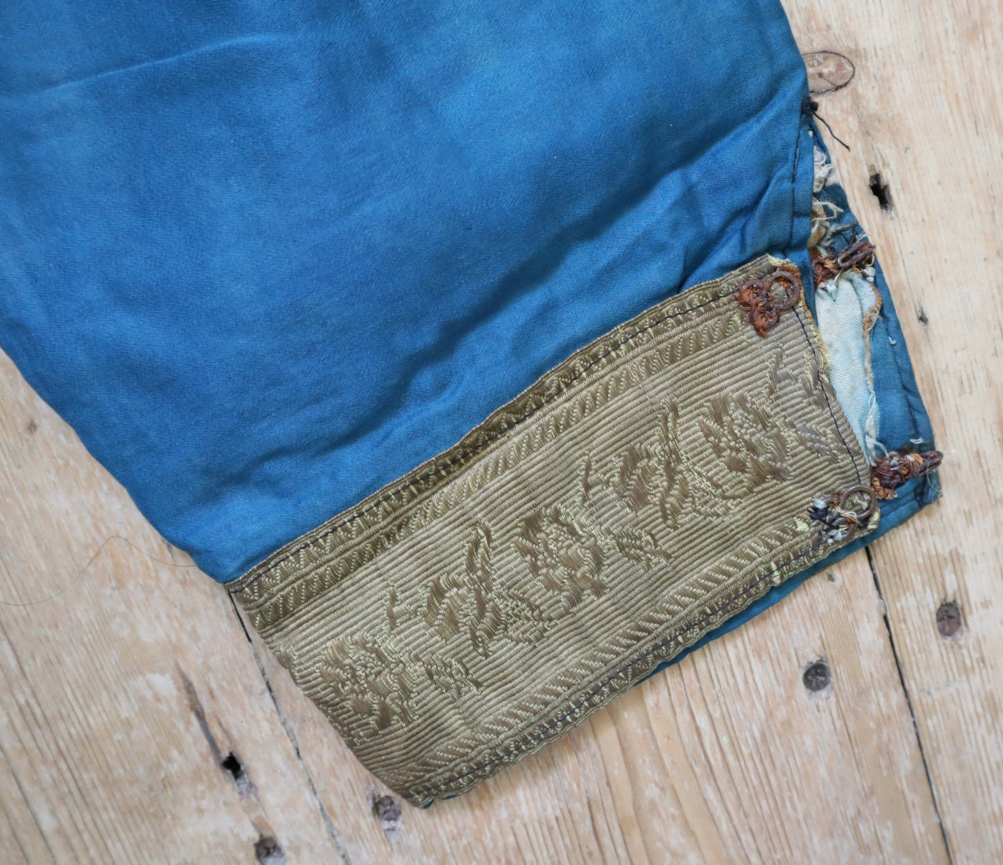 Antique early 1900s French Theatre Costume Trousers Pants Teal Blue Silk Cotton Gold Metal Ribbon Trim