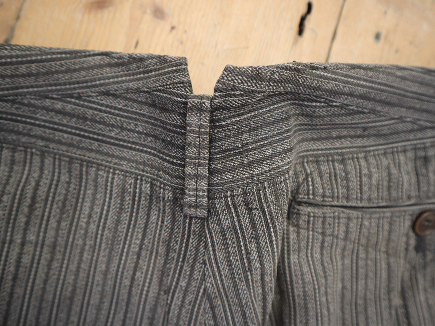 1940s French Workwear Trousers Grey Stripe Salt Pepper Cotton Chore Pants Repairs Darned