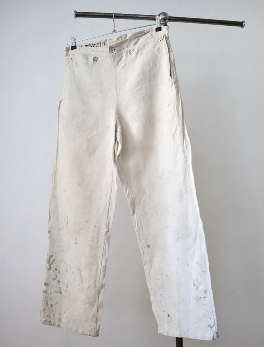 1920s French Linen Sailor Pants Trousers High Waist Bone Buttons Patina Paint