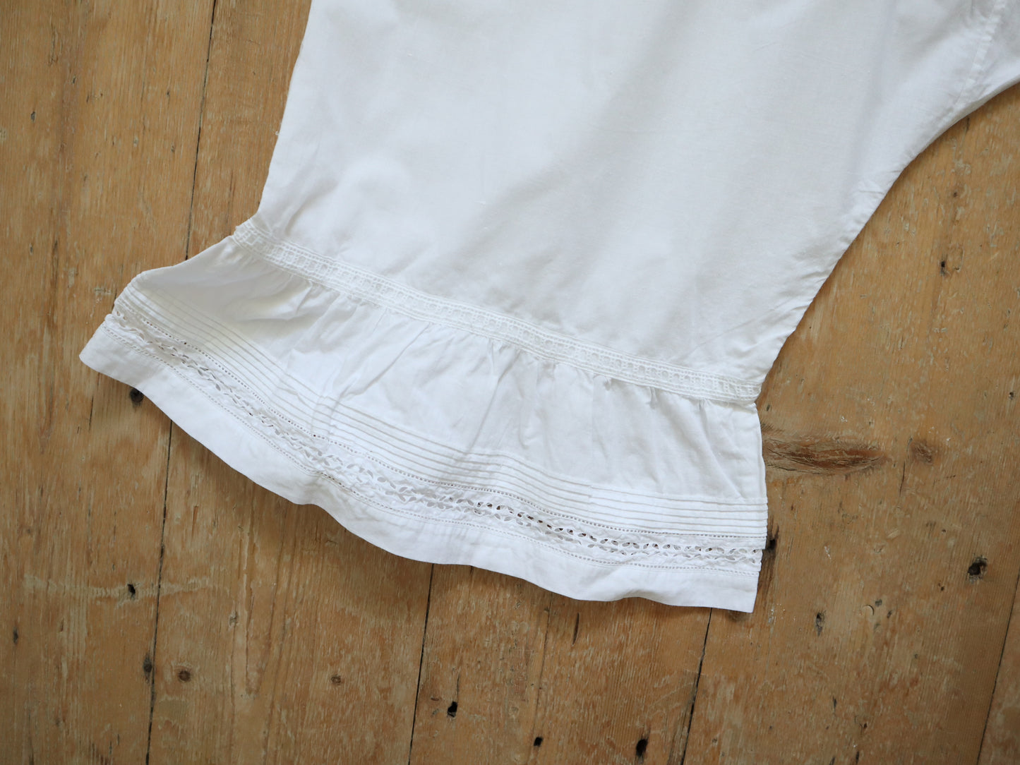 Antique French Bloomers white cotton embroidery early 1900s Folded Pleats Cut Work Lace P N Monogram