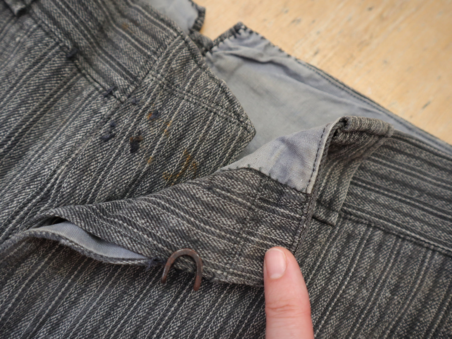 1940s French Workwear Trousers Grey Stripe Salt Pepper Cotton Chore Pants Repairs Darned