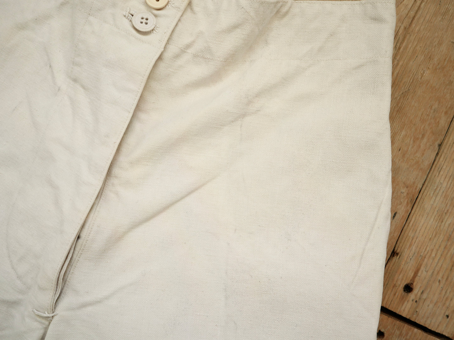 1920s French White Cotton Canvas Breeches Buckle Back Bone Buttons