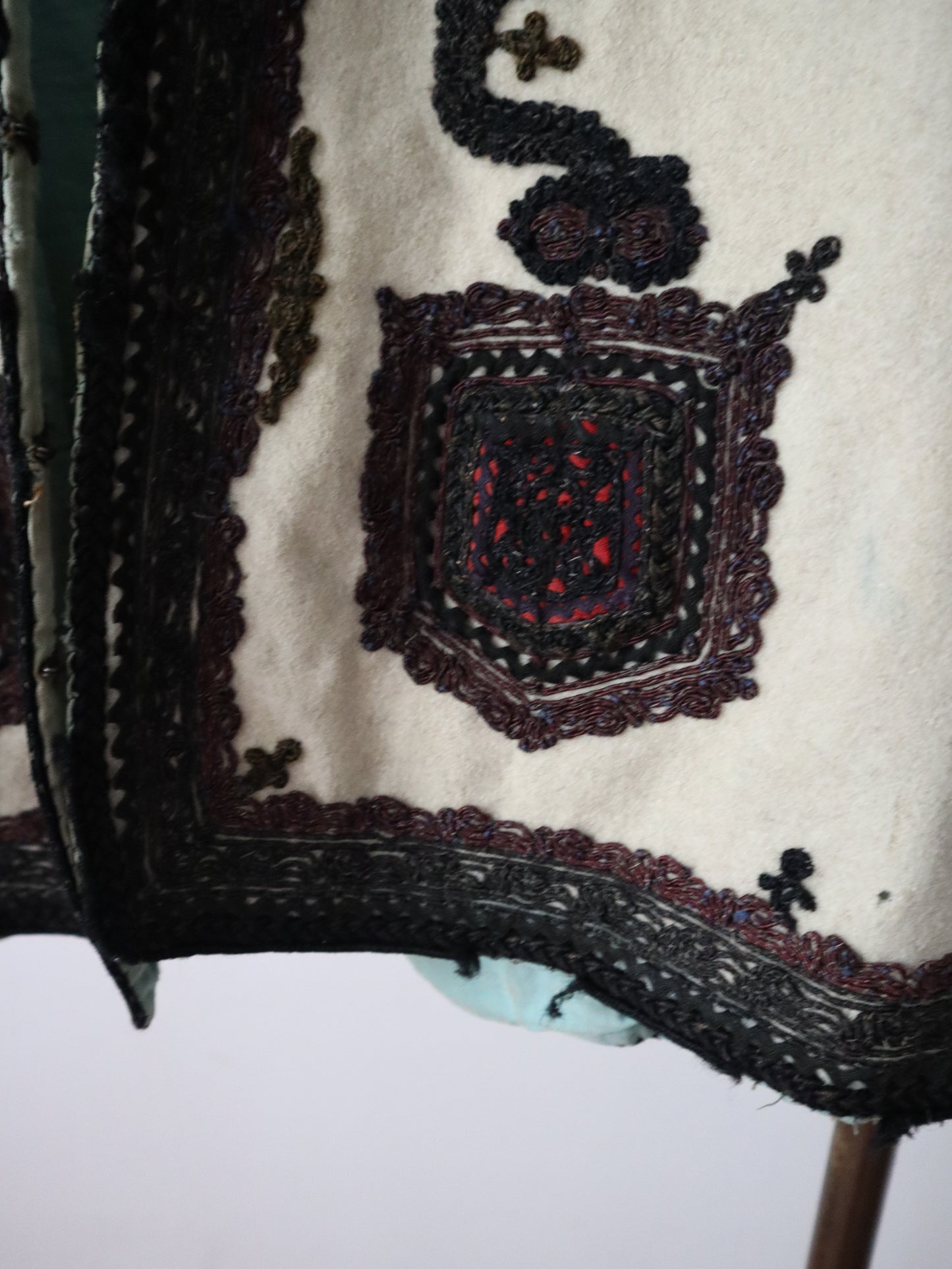 1920s 1930s Transylvanian folk waistcoat with black and burgundy soutache decoration