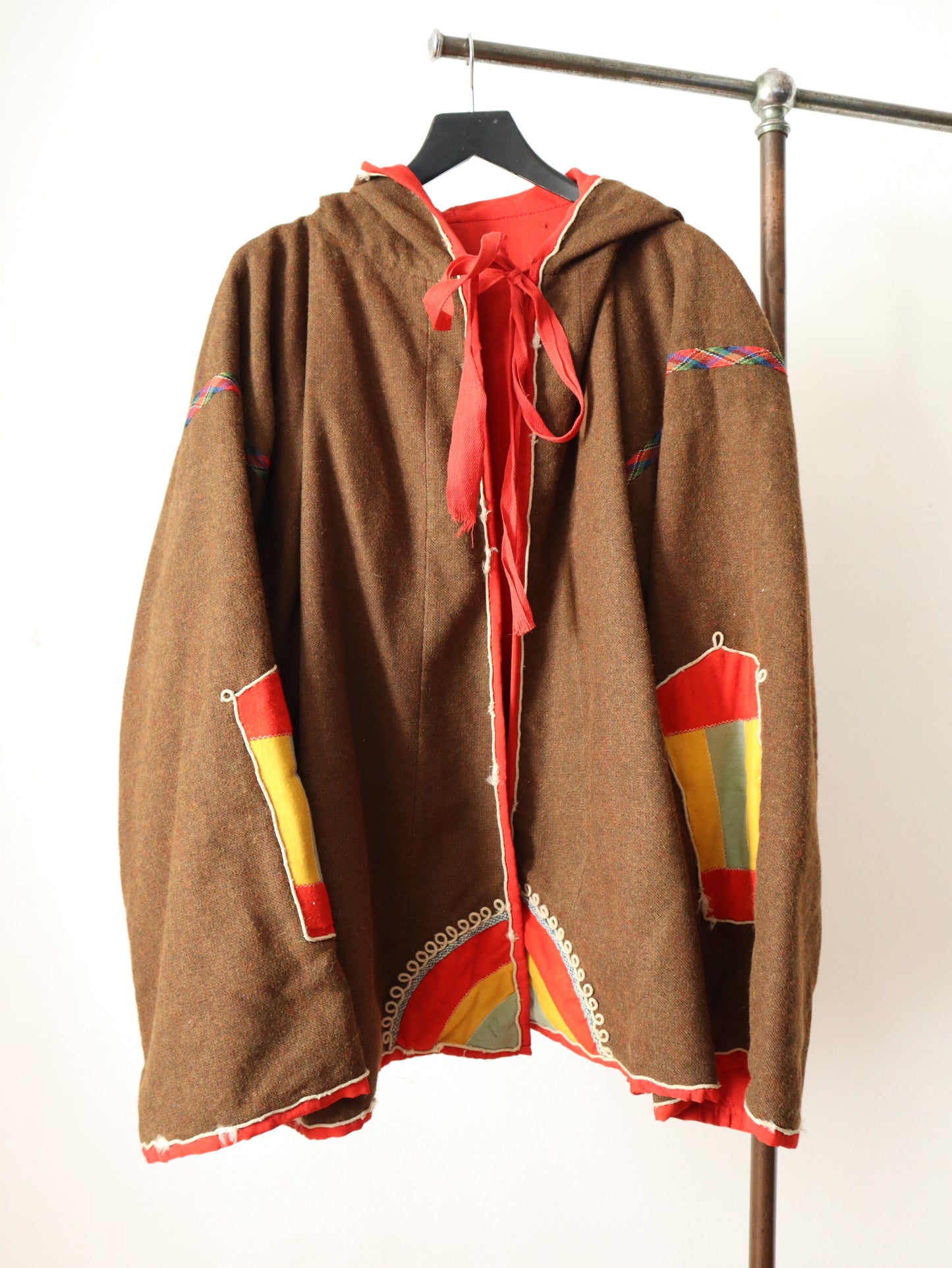 1920s 30s Hooded Coat FrenchTheatre Costume Brown Wool Appliqué Colourful Panels