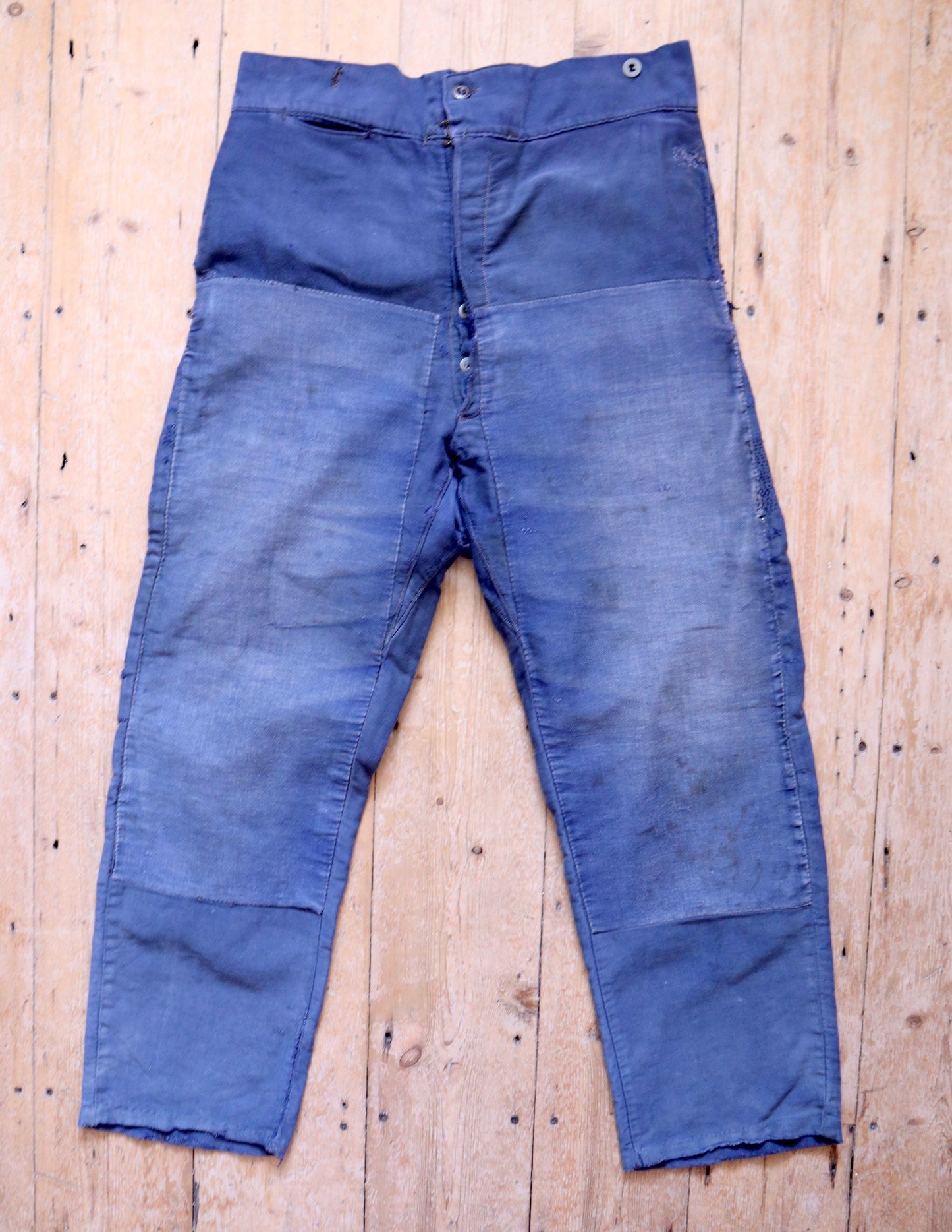 1940s–1950s French Moleskin Workwear Trousers – “Le Parfait” with Patched and Darned Repairs