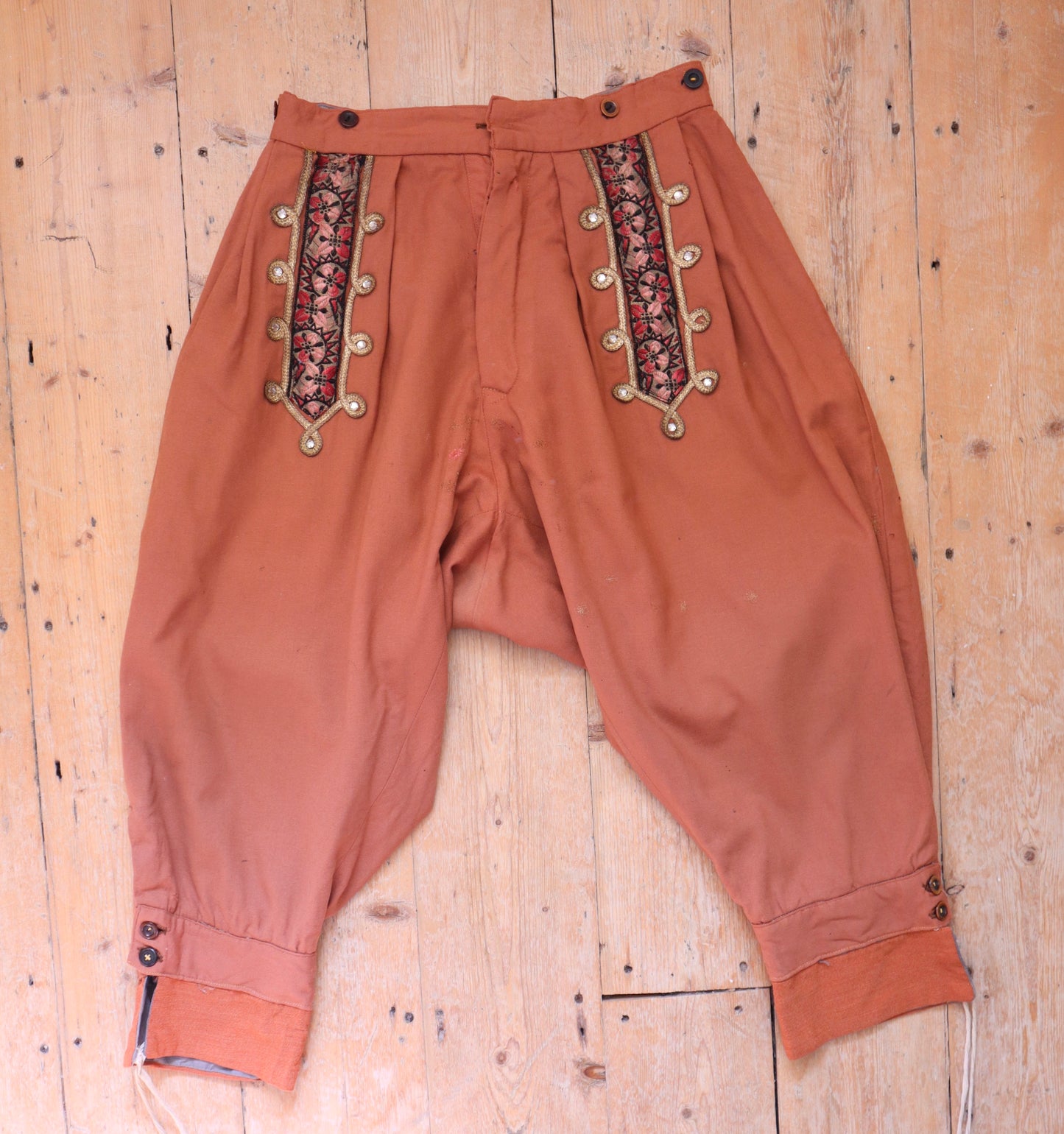 Antique 1920s French Opera Costume Trousers – Aristide Boyer, Marseille – Rust Wool Pants with Embroidered Trim, Faceted Gems & Cinch-Back Waist