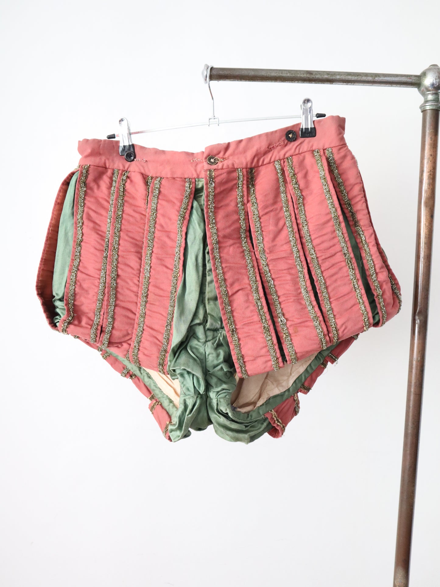 Antique 19th century French Renaissance style hose shorts, opera Theatre costume Pink Green Wool Silk  Stripe Silver Beading