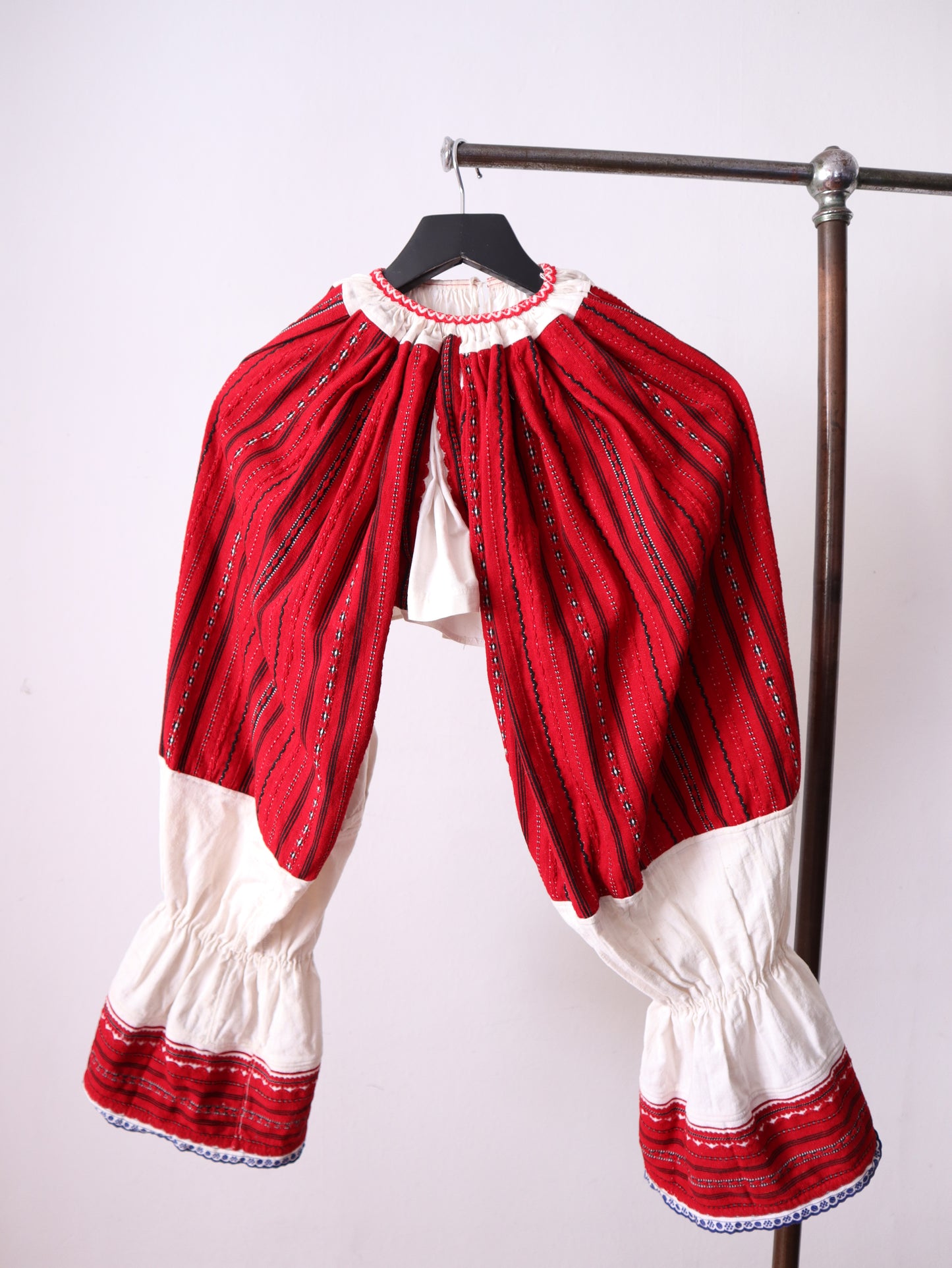 1940s Hungarian Croatian Folk Blouse Cropped Big Sleeves Red Woven Panels RARE