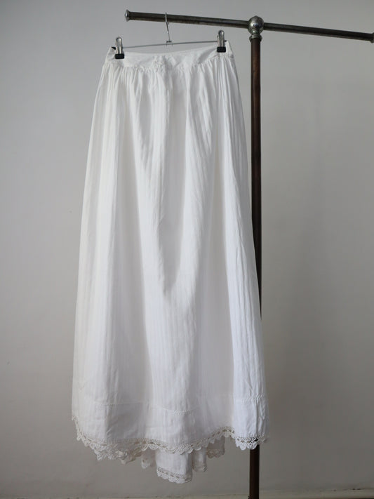 Antique French White Striped Cotton Skirt Petticoat Hem Drawstring Waist Crochet Lace Trim