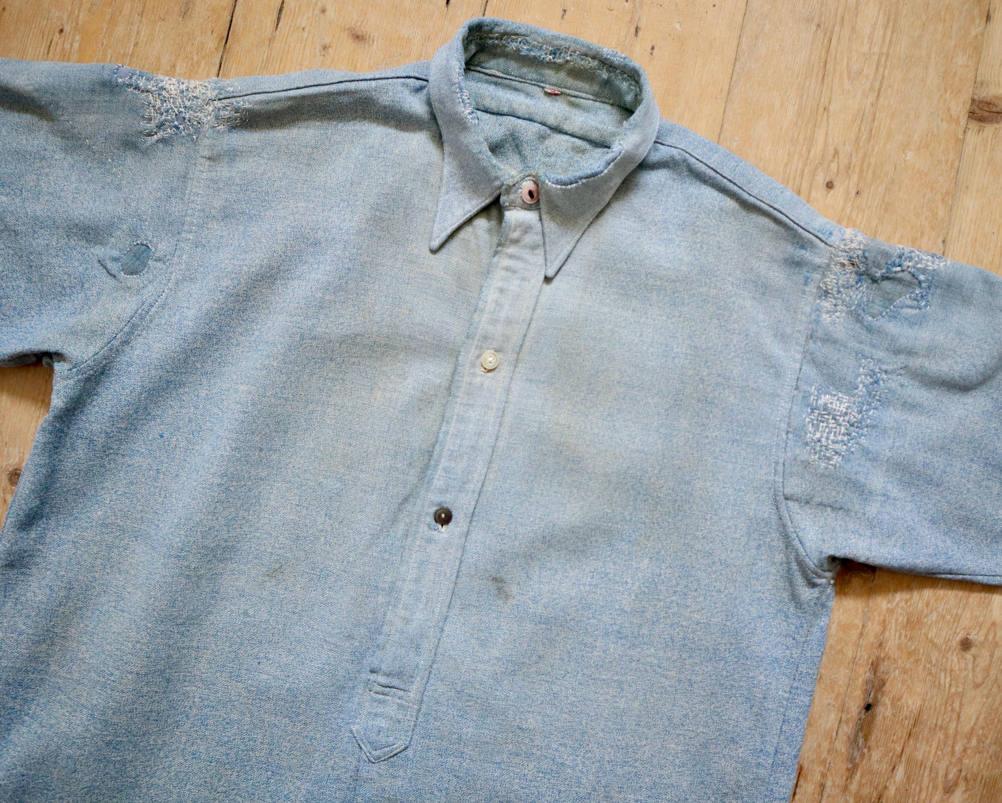 1930s - 40s French Blue Speckled Shirt Workwear Chore Darned Patched Repaired