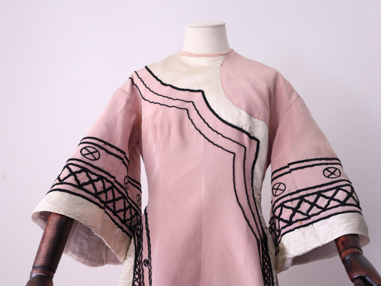 1930s -40s French Opera Tunic Dress by Henri Lebrun – Pink Grosgrain with Black Soutache Trim – Vintage Theatrical Costume