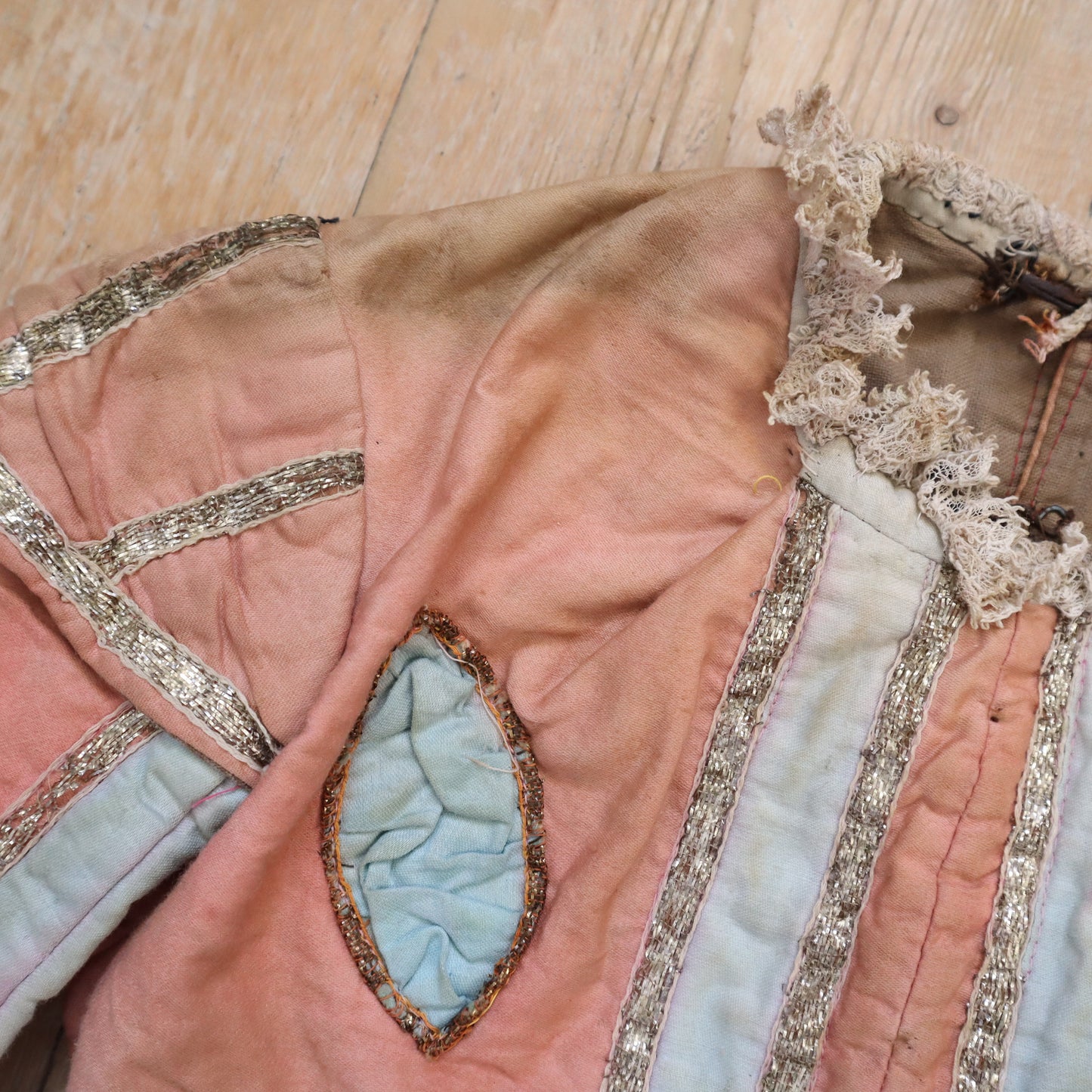 Antique French 19th Century Theatre Costume Renaissance Style Pink Blue Cotton Silver Metal Trim Lace Cuffs