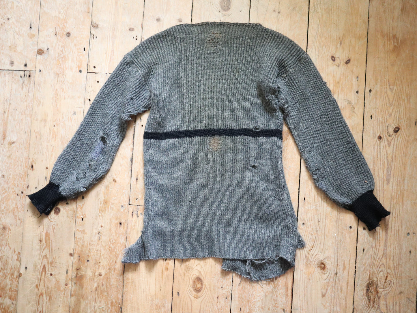 1930s Swedish Knit Jumper Grey Black Stripe Wrecked Holes Repairs