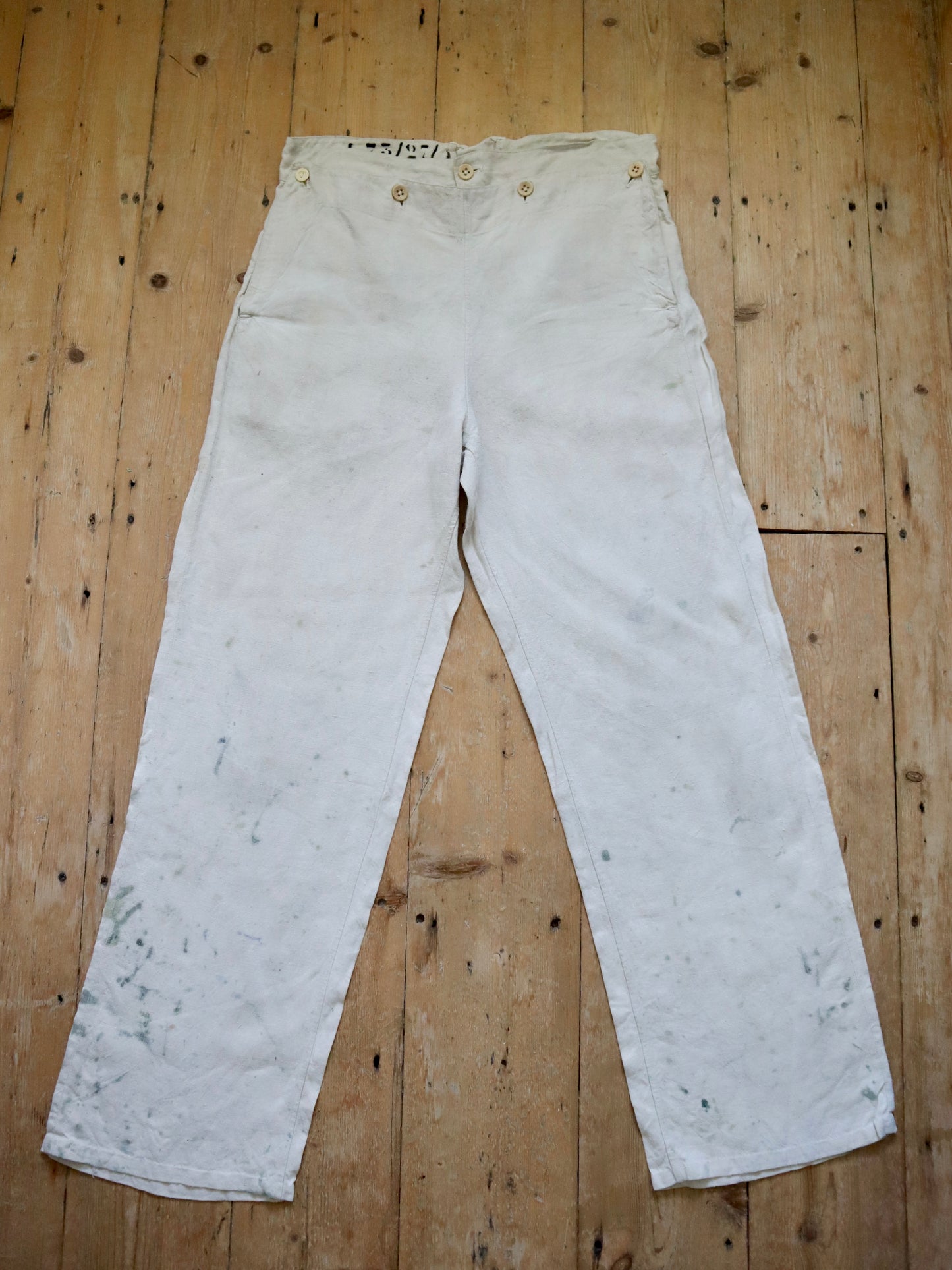 1920s French Linen Sailor Pants Trousers High Waist Bone Buttons Patina Paint