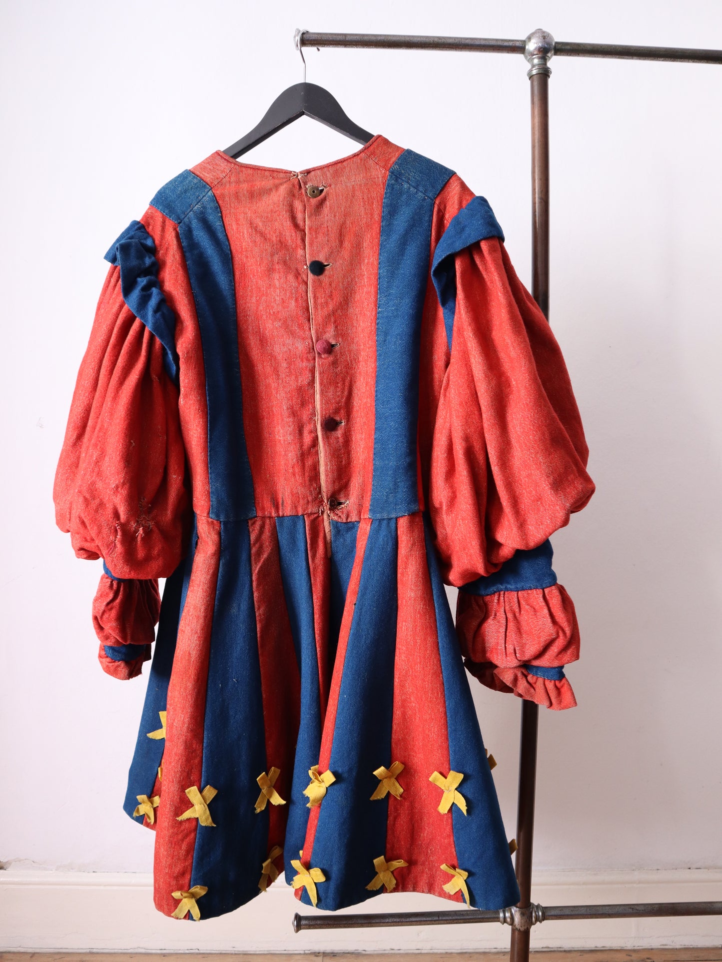 Antique French Theatre Costume Tunic Dress Renaissance Medieval Style Red Blue Stripes Yellow Bows Rare