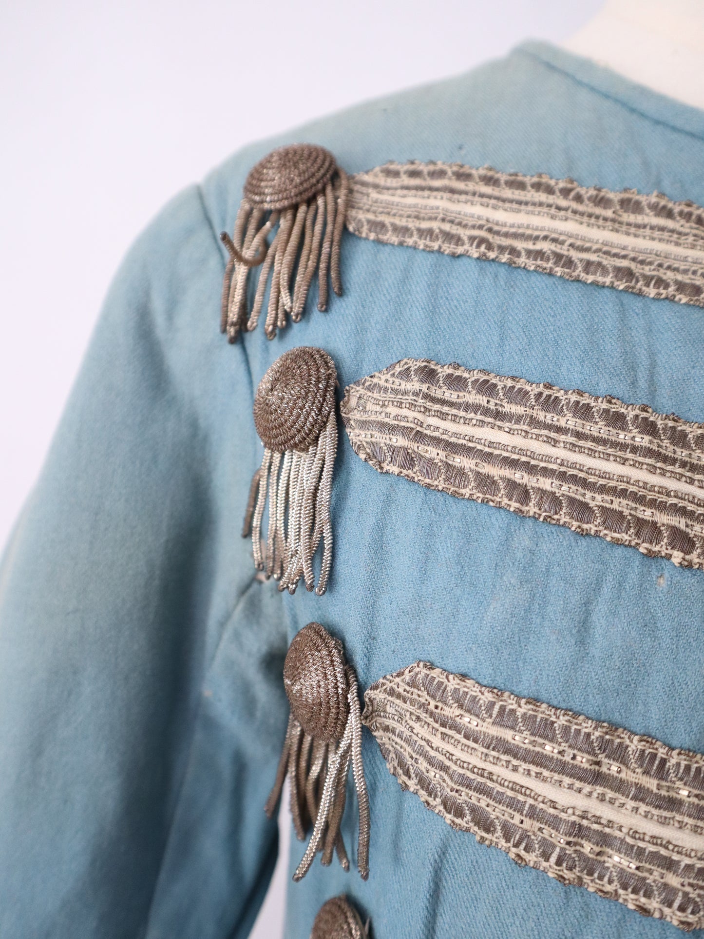 Antique 19th Century Theatrical Military-Style Jacket | Hand-Sewn Powder Blue Costume Coat  Metal Ribbon Trim Tassels