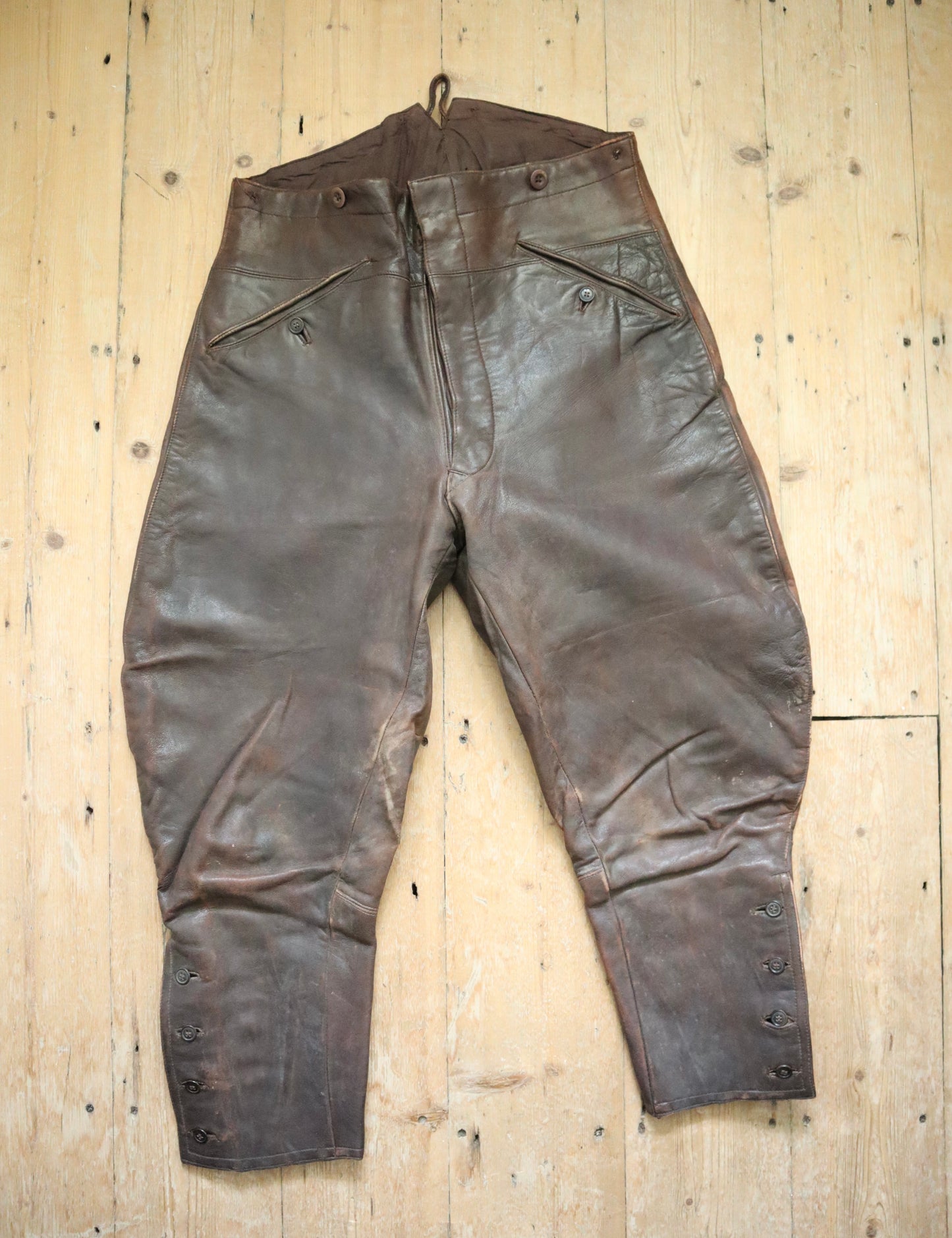 1920s - 30s French Brown Leather Breeches Pilot Trousers Pants High Waist Button Calves