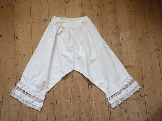 Antique French White Cotton Bloomers Knickers Shorts Crochet Long Early 1900s